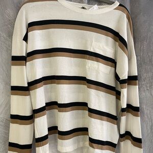 J. Crew Men's Long Sleeve Shirt - Black, Brown, and Cream Stripes